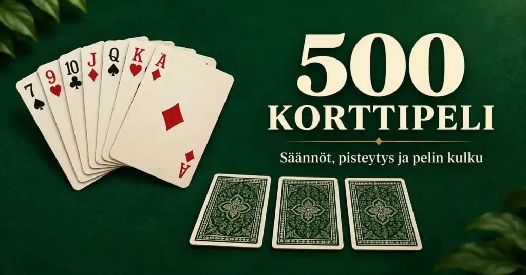 Pelikorttiviuhka ja kolme kuvapuoli alaspäin olevaa korttia vihreällä pöydällä sekä teksti ”500 korttipeli – Säännöt, pisteytys ja pelin kulku”.