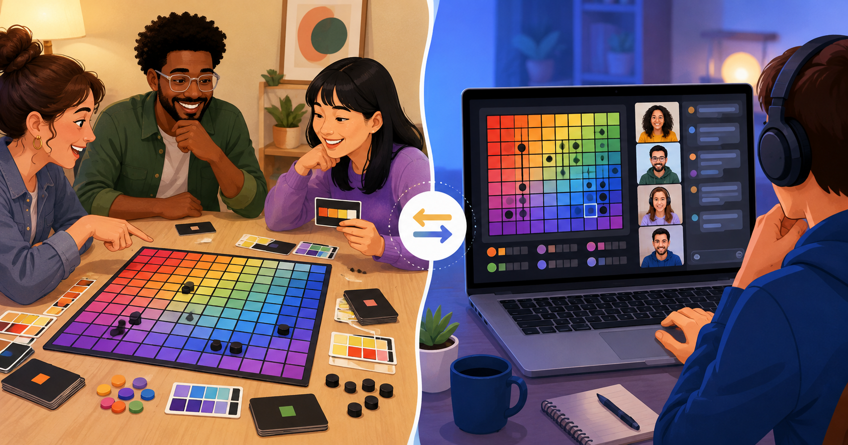 Mitä eroa on Hues and Cues online- ja offline-versioilla?