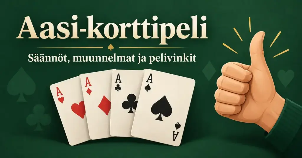 Neljä ässää ja pystyyn nostettu peukalo vihreällä taustalla sekä teksti ”Aasi-korttipeli – Säännöt, muunnelmat ja pelivinkit”.