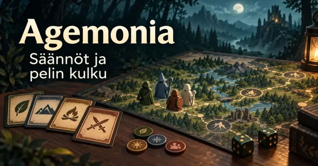 Fantasiateemainen kuvitus kampanjalautapelistä, jossa karttalaudalla on neljä pelihahmoa, kortteja ja noppia sekä teksti ”Agemonia – Säännöt ja pelin kulku”.
