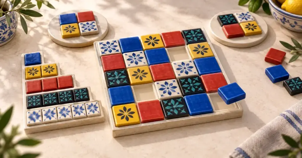 Azul-lautapelistä inspiroitu kuvitus, jossa värikkäät laatat muodostavat mosaiikin ja sininen laatta leijuu tyhjän ruudun yllä.