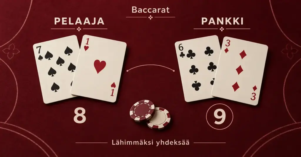 Baccarat-pöydällä pelaajan pataseiska ja herttaässä muodostavat kahdeksan pistettä, kun taas pankin ristikuutonen ja ruutukolmonen muodostavat yhdeksän pistettä.