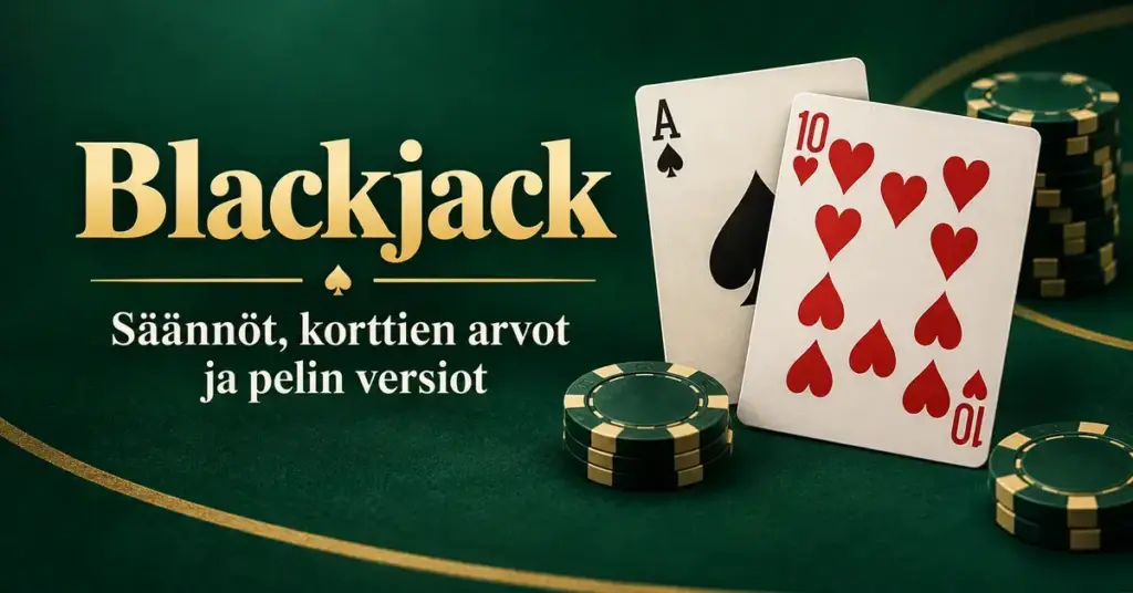 Pataässä ja herttakymppi muodostavat blackjackin vihreällä pelipöydällä pelimerkkien ja tekstin ”Blackjack – Säännöt, korttien arvot ja pelin versiot” vieressä.