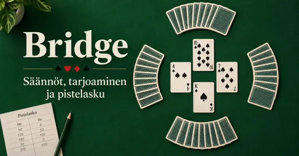 Vihreällä pelipöydällä on neljän pelaajan kortit ja pistelaskulomake sekä teksti ”Bridge – Säännöt, tarjoaminen ja pistelasku”.