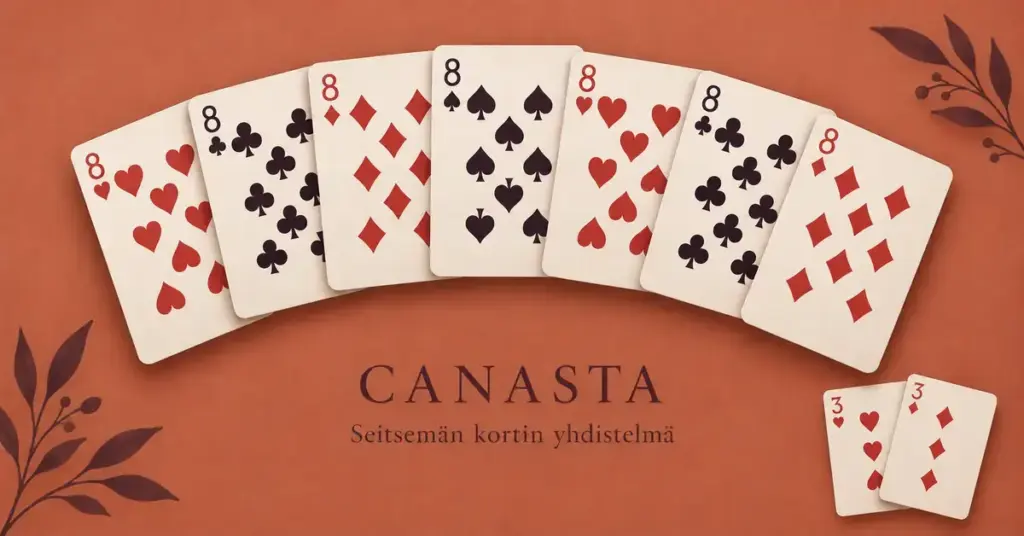 Seitsemän kahdeksikon muodostama canasta ja kaksi punaista kolmosta terrakotanvärisellä taustalla, jossa lukee ”Canasta – Seitsemän kortin yhdistelmä”.