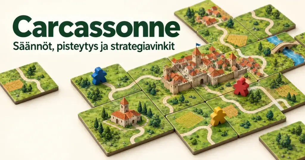 Carcassonne-aiheinen kuvitus, jossa värikkäät seuraajanappulat seisovat keskiaikaisia kaupunkeja, teitä ja peltoja esittävillä laatoilla otsikon ”Carcassonne – Säännöt, pisteytys ja strategiavinkit” alla.
