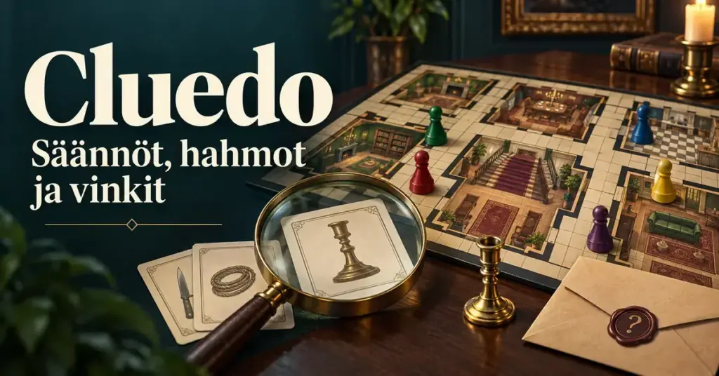 Cluedo-aiheinen kuvitus, jossa on kartanon pelilauta, värikkäitä pelinappuloita, suurennuslasi, vihjekortteja ja suljettu kirjekuori sekä teksti ”Cluedo – Säännöt, hahmot ja vinkit”.