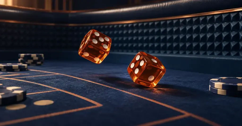 Kaksi meripihkanväristä noppaa pomppaa tummansinisellä craps-pöydällä pelimerkkien ja kuparinväristen panostusalueiden keskellä.