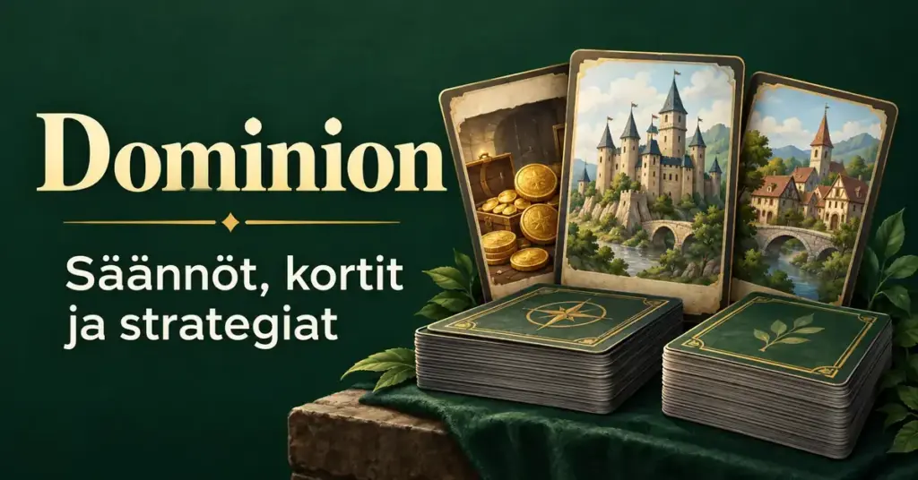 Dominion-aiheinen kuvitus, jossa on korttipinoja sekä linnaa, kultakolikoita ja kylää esittäviä kortteja ja teksti ”Dominion – Säännöt, kortit ja strategiat”.