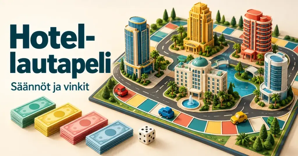 Hotel-lautapelin kuvituksessa on värikkäitä pienoishotelleja, autorata, peliautoja, pelirahaa ja noppa sekä teksti ”Hotel-lautapeli – Säännöt ja vinkit”.