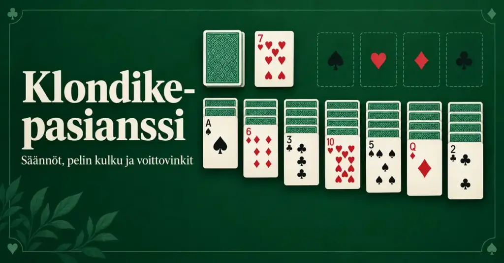 Klondike-pasianssin korttipöytä seitsemine peliriveineen vihreällä taustalla ja otsikko ”Klondike-pasianssi – Säännöt, pelin kulku ja voittovinkit”.