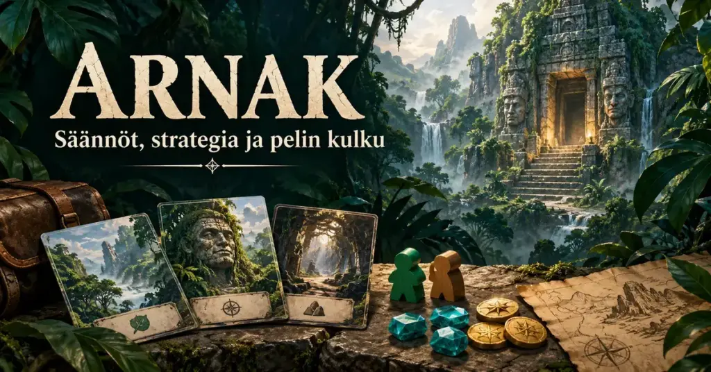 Viidakon muinaiset temppelirauniot, tutkimusretkikortit, puiset pelinappulat ja resurssimerkit kuvittavat Arnak-pelin sääntöjä ja strategiaa käsittelevää artikkelia.
