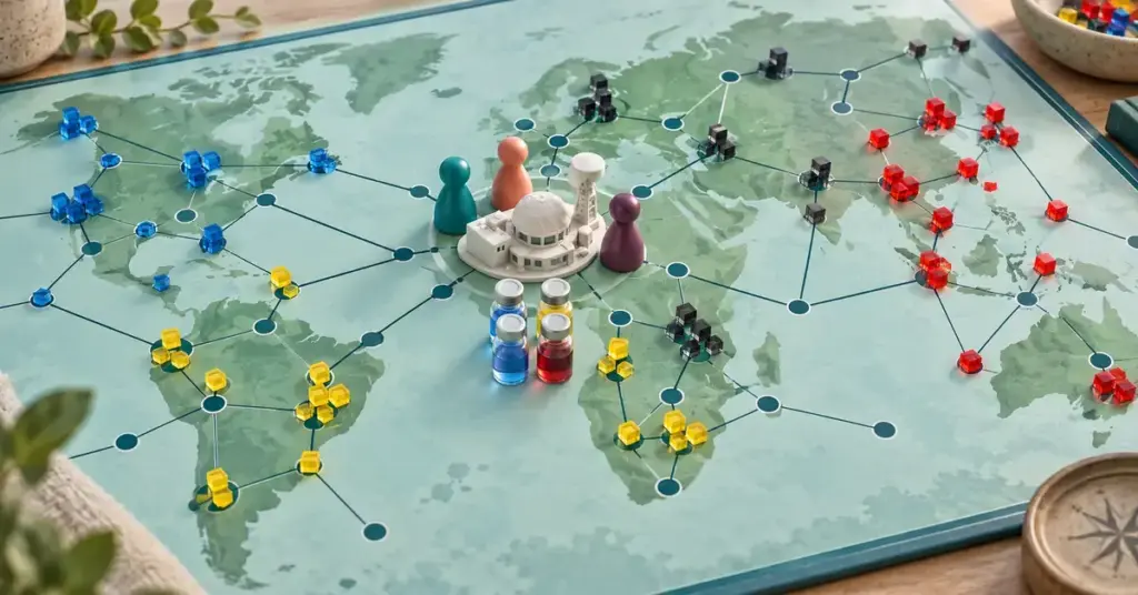 Pandemic-lautapelistä inspiroidussa kuvituksessa pelinappulat kokoontuvat tutkimusaseman ympärille maailmankartalla, jolle on levitetty neljänvärisiä tautikuutioita ja lääkepulloja.