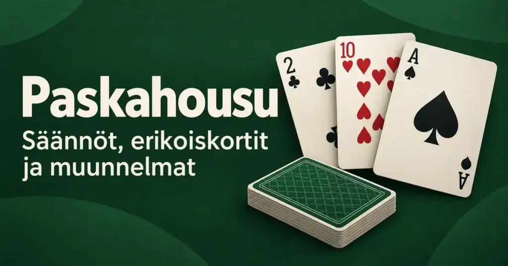Paskahousu-pelin ristikakkonen, herttakymppi, pataässä ja nostopakka vihreällä taustalla sekä teksti ”Paskahousu – Säännöt, erikoiskortit ja muunnelmat”.
