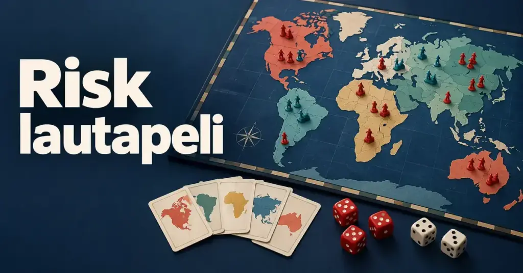 Risk-lautapeliä kuvaava kuvitus, jossa maailmankartan päällä on punaisia ja turkooseja armeijanappuloita sekä laudan vieressä noppia ja aluekortteja.