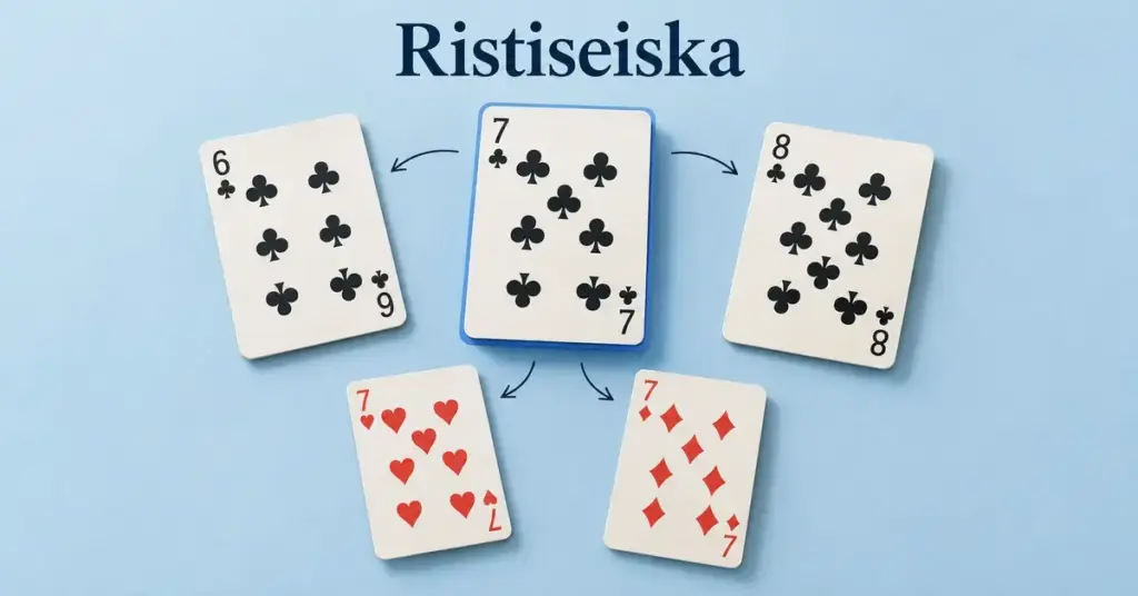 Ristiseiskan aloituskortti ristin seiska on korostettu vaaleansinisellä taustalla ristin kuutosen ja kahdeksikon sekä hertan ja ruudun seiskojen vieressä.