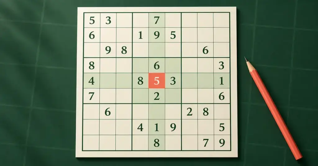 Sudokuruudukko tummanvihreällä taustalla, keskellä korostettu numero viisi sekä sen rivi ja sarake ja vieressä korallinpunainen kynä.
