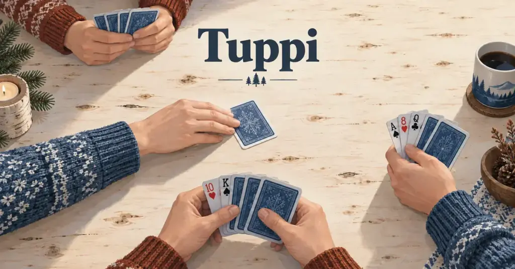 Neljän pelaajan kädet ja pelikortit vaalealla puupöydällä, jonka keskelle yksi pelaajista laskee kortin kuvapuoli alaspäin Tuppi-otsikon alla.