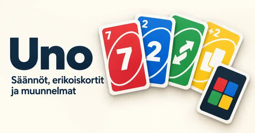 Värikkäitä numero- ja erikoiskortteja sekä teksti ”Uno – Säännöt, erikoiskortit ja muunnelmat” vaalealla taustalla.